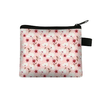 Flower Pattern Cartoon Style Polyester Clutch Bags, Change Purse with Zipper & Key Ring, for Women, Rectangle, Pink, 13.5x11cm