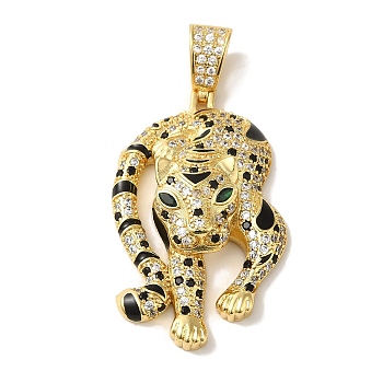 Rack Plating Brass Micro Pave Black Cubic Zirconia Pendants, with Enamel, Cadmium Free & Lead Free, Long-Lasting Plated, Leopard, Real 18K Gold Plated, 46x29x9mm, Hole: 8.5x6mm