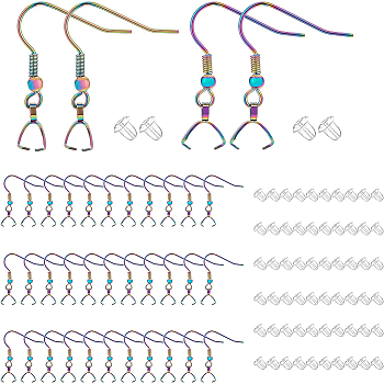 70Pcs Rainbow Color 304 Stainless Steel Earring Hooks, with Ice Pick Pinch Bails, with 70Pcs  Plastic Ear Nuts, Earring Hooks: 28x21x3.4mm, 24 Gauge, Pin: 0.5mm