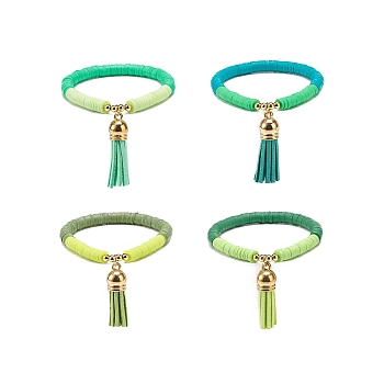 Handmade Polymer Clay Heishi Stretch Bracelet Sets, Faux Suede Tassel Charm Bracelets for Women, Green,  Inner Diameter: 2 inch(5cm), 4pcs/set