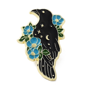 Crow & Flower Enamel Pins, Light Gold Alloy Brooch for Backpack Clothes, Deep Sky Blue, 32x20x1.5mm