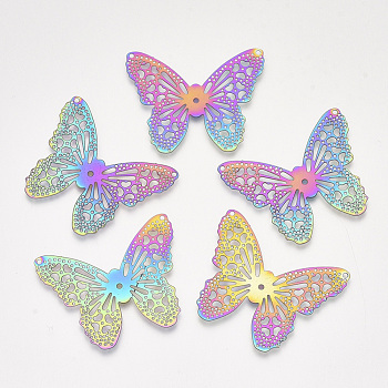 Ion Plating(IP) 201 Stainless Steel Filigree Pendants, Etched Metal Embellishments, Butterfly, Rainbow Color, 32x39.5x0.2mm, Hole: 1.2mm