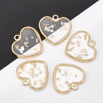 Epoxy Resin Pendants, with Alloy Findings and Shell, Heart, Light Gold, 18.5x19.5x1.5~2mm, Hole: 1.8mm