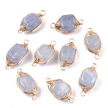 Natural Agate Links Connectors, Light Gold Tone Brass Wire Wrapped, Cube, Azure, 17x8.5x7mm, Hole: 1.6mm