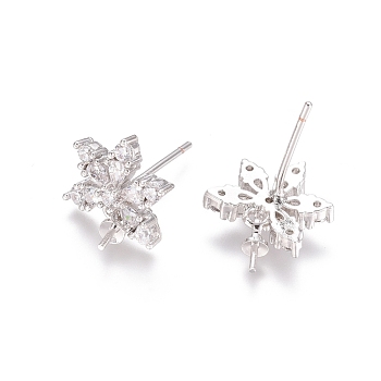 Brass Cubic Zirconia Stud Earring Findings, with Cup Pearl Peg Bails, Flower, Clear, Platinum, 15mm, Pin: 0.7mm