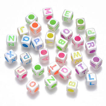 Plated AB Color Acrylic Beads, Horizontal Hole, Cube with Initial Letter, Mixed Color, Random Mixed Letters, 6x6x6mm, Hole: 3.5mm, about 3100pcs/500g