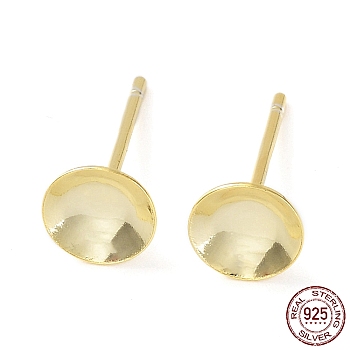 925 Sterling Silver Stud Earring Findings, Flat Round Earring Settings, for Bead, with S925 Stamp, Real 18K Gold Plated, 12.5x6mm, Pin: 0.7mm
