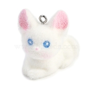 Animal Theme Flocky Resin Pendants, with Platinum Tone Iron Loop, Cat Shape, 30x28.5x23mm, Hole: 2mm(RESI-M051-01C)