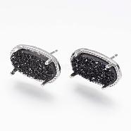 Natural Druzy Agate Stud Earrings, with Real Platinum Plated Brass Findings, Oval, Dyed, Black, 15x9mm, Pin: 1mm(EJEW-K055-01D)