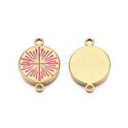 304 Stainless Steel Enamel Connector Charms, Real 18K Gold Plated, Flat Round, Deep Pink, 21x15x2mm, Hole: 1.8mm(STAS-N092-153A)