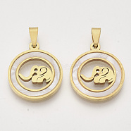 201 Stainless Steel Pendants, with Shell and Random Size Snap on Bails, Flat Round with Elephant, Golden, 23x20x2mm, Hole: 7~10x3~5mm(STAS-N089-59G)
