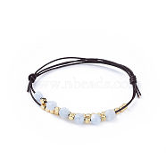 Cowhide Leather Cord Bracelets, with Natural Faceted Aquamarine Beads and Brass Cube Beads, 2-1/4 inch(5.7cm)(BJEW-JB04494-07)