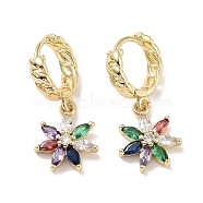 Real 18K Gold Plated Brass Dangle Hoop Earrings, with Cubic Zirconia and Glass, Flower, 25x11mm(EJEW-L269-031G-02)