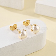 304 Stainless Steel Stud Earrings, with Imitation Pearl Acrylic Beads and Ear Nuts/Earring Back, Round, White, Golden, 18.5x6.5~7mm, Pin: 0.7mm, 12pairs/card(EJEW-I229-01G-C)