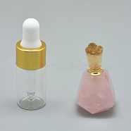 Faceted Natural Rose Quartz Openable Perfume Bottle Pendants, with Brass Findings and Glass Essential Oil Bottles, 33~37x18~22mm, Hole: 0.8mm; Glass Bottle Capacity: 3ml(0.101 fl. oz); Gemstone Capacity: 1ml(0.03 fl. oz)(G-E556-11F)
