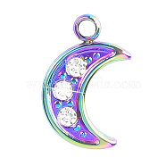 201 Stainless Steel Rhinestone Pendants, Moon Charms, Rainbow Color, 12x8x2mm, Hole: 1mm(FIND-PW0004-18B-MC)