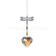 Crystals Chandelier Suncatchers Prisms Chakra Hanging Pendant, with Iron Cable Chains, Glass Beads and Dragonfly Brass Pendant, Heart Pattern, 350mm, Heart: 48x48mm, Dragonfly: 45x60mm(BUER-PW0001-134C)