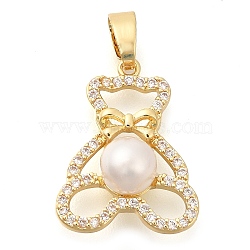 Brass Micro Pave Cubic Zirconia Pendants, with Plastic Pearl, Long-Lasting Plated, Bear Charms, with Jump Ring, Golden, 18.5x14x6.5mm, Hole: 4.5x3mm(KK-S049-19G)