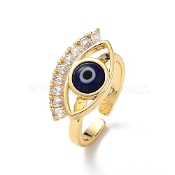 Lampwork Evil Eye Open Cuff Ring with Clear Cubic Zirconia, Real 18K Gold Plated Brass Jewelry for Women, Blue, Inner Diameter: 17mm(RJEW-L104-02G-03)