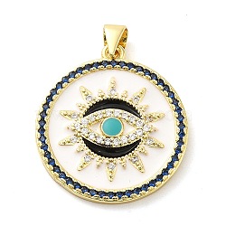Real 18K Gold Plated Brass Clear Cubic Zirconia Pendants, with Enamel, Flat Round with Evil Eye, Floral White, 25x22.5x2.5mm, Hole: 5x3.5mm(KK-A198-09G-02)