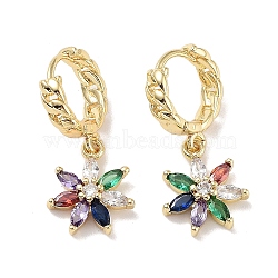 Real 18K Gold Plated Brass Dangle Hoop Earrings, with Cubic Zirconia and Glass, Flower, 25x11mm(EJEW-L269-031G-02)