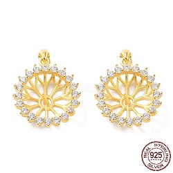 925 Sterling Silver Micro Pave Clear Cubic Zirconia Pendant Cabochon Settings, Open Back Settings, Flower, Real 18K Gold Plated, Tray: 9mm, 15.5x14x5mm, Hole: 3x4mm, Pin: 0.8mm(STER-G036-12G)