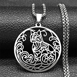 Ring with Cat Shape Pattern 304 Stainless Steel Pendant Necklaces for Men Women, Box Chain Necklaces, Stainless Steel Color, 23.62 inch(60cm)(NJEW-K283-13P)