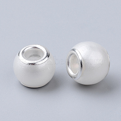 Glass ABS Plastic Imitation Pearl European Beads, Large Hole Beads, Rondelle, with Silver Color Plated Brass Cores, Creamy White, 11.5~12x9~10mm, Hole: 5mm(GPDL-S036-07)