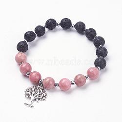 Natural Lava Rock Beads Charm Bracelets, with Alloy Pendants, Natural Rhodonite and Non-magnetic Synthetic Hematite Beads, Burlap Packing, Tree of Life, 2-1/8 inch(54mm)(BJEW-JB03369-04)