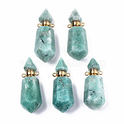 Faceted Natural Amazonite Pendants, Openable Perfume Bottle, with Golden Tone Brass Findings, Hexagon, 40~41.5x15x13.5mm, Hole: 1.8mm, Bottle Capacity: 1ml(0.034 fl. oz)(G-T131-15E)