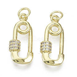 Brass Micro Pave Cubic Zirconia Pendants, Nickel Free, with Jump Rings, Safety Pin Shape, Clear, Real 18K Gold Plated, 20x9x4mm, jump Ring: 5x0.6mm, inner diameter: 3mm(ZIRC-S061-176G-NF)