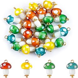 50Pcs Handmade Lampwork Pendants, with Golden Plated Brass Loops, Mushroom, Mixed Color, 18.5~19x10~11mm, Hole: 1.6~2mm(FIND-FH0005-02)