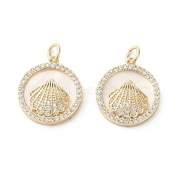 Brass Micro Pave Cubic Zirconia Pendants, with Shell, Flat Round with Shell, Real 18K Gold Plated, 18x16x3.5mm, Hole: 3mm(KK-P260-21G)