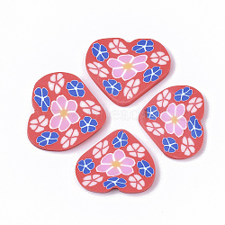 Handmade Polymer Clay Cabochons, Heart with Flower, Red, 17~22x20~23x2mm(CLAY-S092-53C)