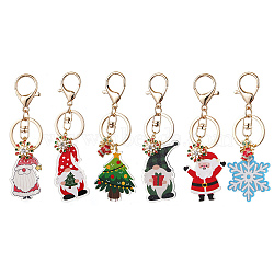 Christmas Theme Printed Acrylic Pendants Keychain, with Alloy Enamel Pendats and Iron Alloy Lobster Claw Clasp Keychain, Mixed Shapes, 10.8~12.5cm, 6pcs/set(KEYC-JKC00887)