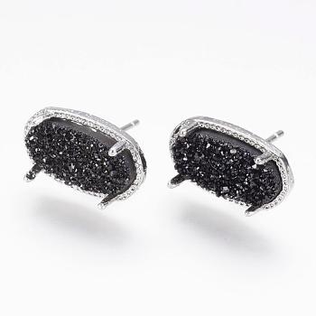 Natural Druzy Agate Stud Earrings, with Real Platinum Plated Brass Findings, Oval, Dyed, Black, 15x9mm, Pin: 1mm