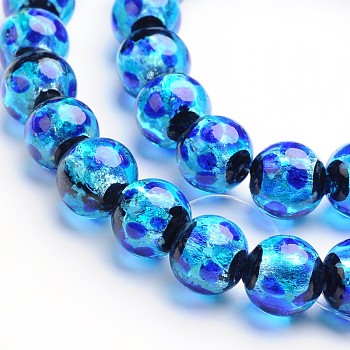 Glow in the Dark Luminous Style Handmade Silver Foil Glass Round Beads, Blue, 10mm, Hole: 2mm