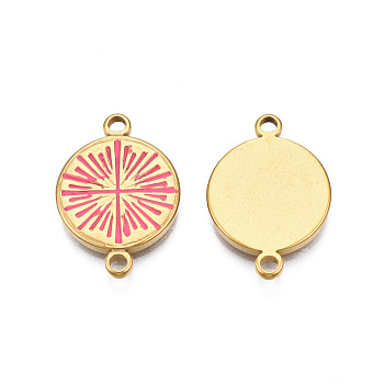304 Stainless Steel Enamel Connector Charms, Real 18K Gold Plated, Flat Round, Deep Pink, 21x15x2mm, Hole: 1.8mm