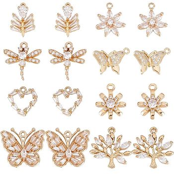 SUNNYCLUE 16Pcs 8 Style Brass Micro Pave Cubic Zirconia Pendants, Light Gold, Long-Lasting Plated, Cadmium Free & Lead Free, Butterfly/Heart/Leaf Charm, Clear, 13.5~18.5x11~20x2.5~4mm, Hole: 1~1.6mm, 2pcs/style