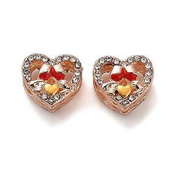 Alloy Enamel European Beads, with Rhinestone, Large Hole Beads, Heart, Rose Gold, 11x12x9mm, Hole: 4.6mm