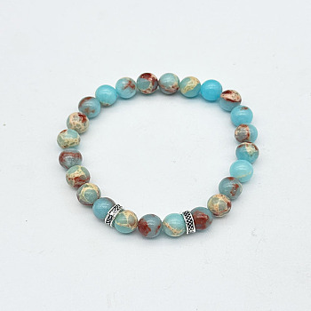 Fashion Synthetic Imperial Jasper Beads Stretch Bracelets, Alloy Heart Charms Bracelets