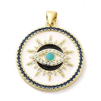 Real 18K Gold Plated Brass Clear Cubic Zirconia Pendants, with Enamel, Flat Round with Evil Eye, Floral White, 25x22.5x2.5mm, Hole: 5x3.5mm