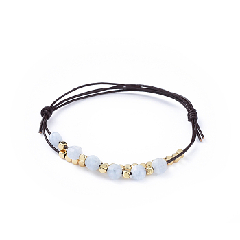 Cowhide Leather Cord Bracelets, with Natural Faceted Aquamarine Beads and Brass Cube Beads, 2-1/4 inch(5.7cm)