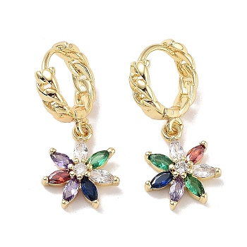 Real 18K Gold Plated Brass Dangle Hoop Earrings, with Cubic Zirconia and Glass, Flower, 25x11mm