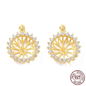 925 Sterling Silver Micro Pave Clear Cubic Zirconia Pendant Cabochon Settings, Open Back Settings, Flower, Real 18K Gold Plated, Tray: 9mm, 15.5x14x5mm, Hole: 3x4mm, Pin: 0.8mm