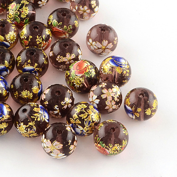 Mixed Flower Picture Printed Glass Round Beads, DarkSlate Blue, 12mm, Hole: 1.5mm