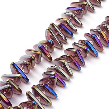 Electroplate Transparent Glass Beads Strands, Rainbow Plated, Triangle, Medium Purple, 9x15.5~16mm, Hole: 1mm, about 120pcs/strand, 24.57~25.67''(62.4~65.2cm)