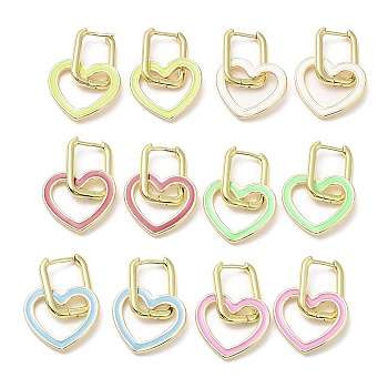 Enamel Heart Dangle Hoop Earrings, Real 18K Gold Plated Brass Earrings, Lead Free & Cadmium Free, Mixed Color, 28.5mm