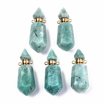 Faceted Natural Amazonite Pendants, Openable Perfume Bottle, with Golden Tone Brass Findings, Hexagon, 40~41.5x15x13.5mm, Hole: 1.8mm, Bottle Capacity: 1ml(0.034 fl. oz)
