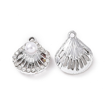 Alloy Crystal Rhinestone Pendants, with ABS Plastic Imitation Pearl, Shell Charms, Platinum, 17x14.5x6mm, Hole: 1.6mm